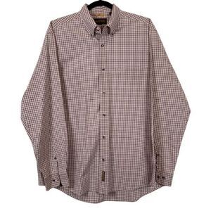 Timberland Button Down Shirt Burgundy Red White Tan Windowpane Plaid Size Large